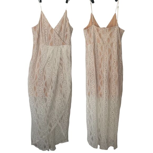 Aakaa Dresses & Skirts - Aakaa Elegant Nude white Lace Overlay faux wrap maxi‎ Dress Straps L NEW
